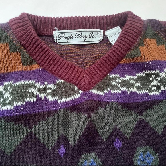 Bugle Boy Co Vintage 80s Abstract Knit Cotton Sweater Burgundy Brown Green L - Picture 2 of 6